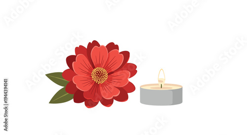 A vibrant red dahlia-like flower with green leaves is gently placed next to a small, lit white tea light candle on a pristine white background.