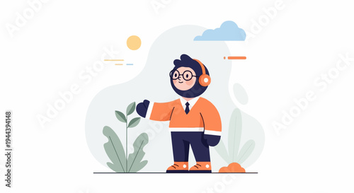Cheerful character wearing headphones and glasses tends to a small plant