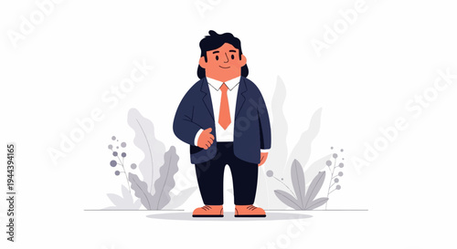 A stylized person in a suit and tie stands against a white background with abstract foliage