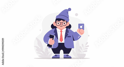 Cartoon character wearing a hat, glasses, suit, tie, and holding devices