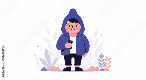 Cute cartoon person with glasses wearing a blue hoodie holding a phone