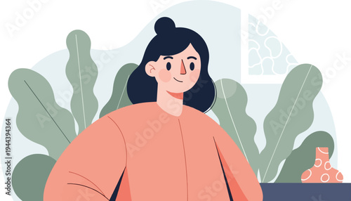 A cheerful woman with dark hair bun sits near lush green plants and decorative objects