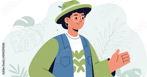 Person wearing hat and glasses in nature scene