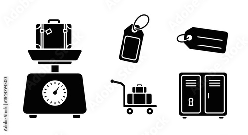 Black icons of travel luggage items.