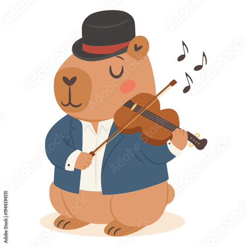 Cute capybara jazz musician playing violin in a vintage jazz band cartoon illustration