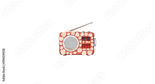 A retro red radio, intricately decorated with numerous small, light-colored seashells, stands prominently with its silver antenna extended on a clean white background.