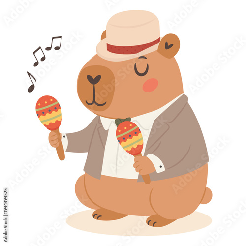 Cute capybara jazz musician playing maracas in a vintage jazz band cartoon illustration