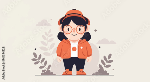 Cheerful child in orange attire with glasses, surrounded by whimsical nature elements