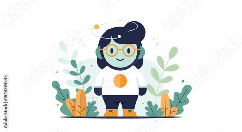 Cheerful character with glasses and headphones, surrounded by foliage