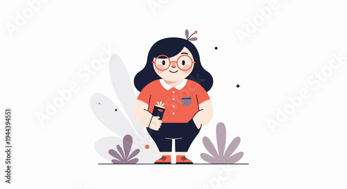 Whimsical character with glasses and book, surrounded by stylized plants