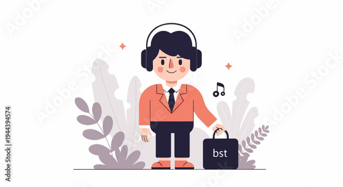 Cheerful person in suit, headphones on, holding bag with 'bst' text