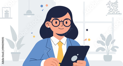 A woman in glasses and a blue suit with a yellow tie looks at a tablet in a bright office