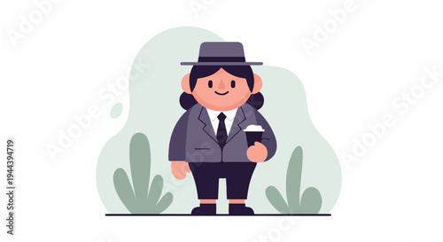A cute cartoon person in a suit and hat holds a coffee cup