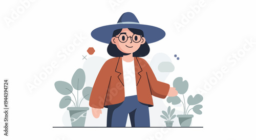 Cheerful person in a hat and jacket tending to potted plants, surrounded by abstract shapes