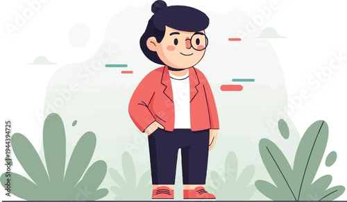A stylized cartoon woman in a red blazer and blue pants stands outdoors with plants around her