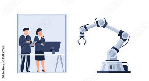 A man and woman in business attire stand in an office on the left, while a large grey robotic arm is isolated on the right.