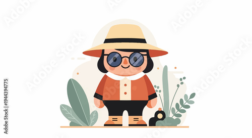 A person in a sun hat and glasses stands among plants, holding a magnifying glass