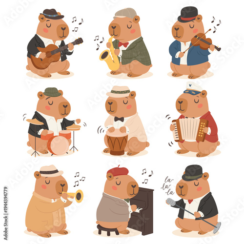 Cute cartoon oldschool capybaras jazz band set