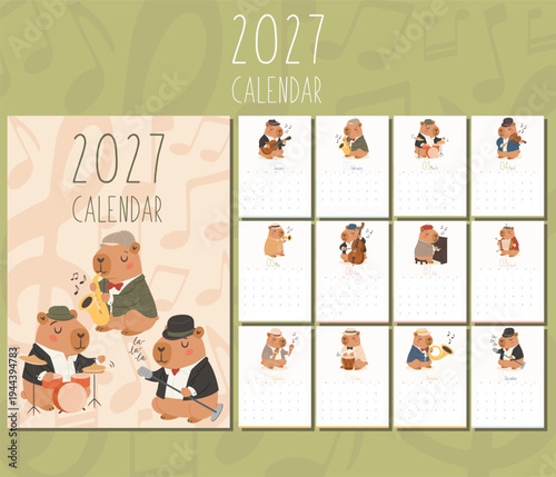 2027 calendar template with cute cartoon capybaras jazz band