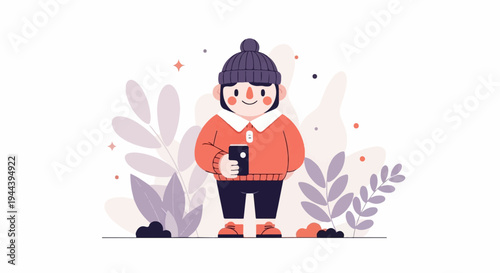 A stylized character in winter attire holds a mobile device amidst abstract foliage