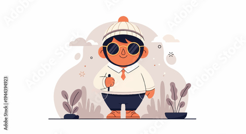 Cute character with glasses and beanie, holding a pen, in a stylized outdoor setting with plants