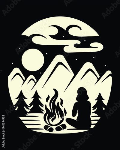Forest camping scene with person by a bonfire under the night moon and starry sky landscape