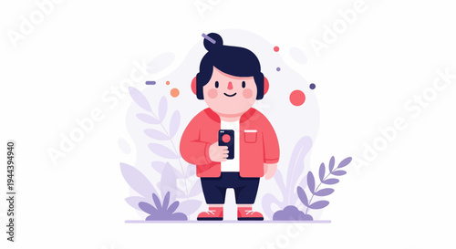 Flat design illustration of a person wearing headphones and holding a phone, with plants