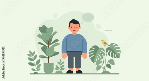 A cheerful person stands amidst lush greenery, with a small bird perched on a large leaf