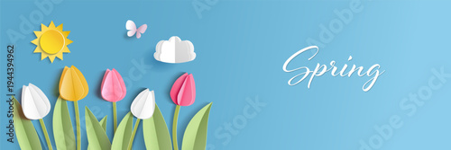 Spring banner with paper cut tulips and copy space