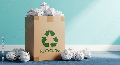 A cardboard box overflowing with crumpled paper marked for recycling sits on a blue floor against a light blue wall with scattered paper around it.