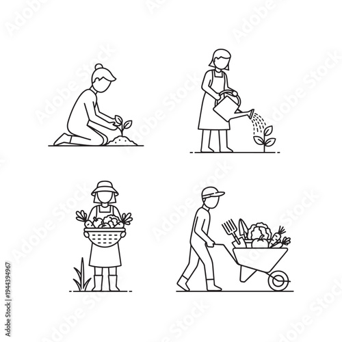 Line art illustrations depicting various gardening activities including planting, watering, harvesting, and transporting vegetables.