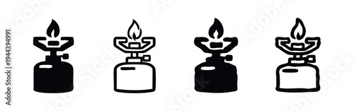 Camping Gas Stove with Single Flame Icons, Portable Outdoor Cooker Symbols, Campfire Burner Illustration