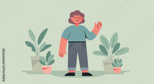 A person in casual attire stands amidst potted plants, waving a greeting