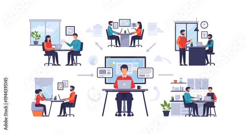 Remote Work and Online Collaboration Concept. Business professionals communicate and manage projects virtually from diverse locations.