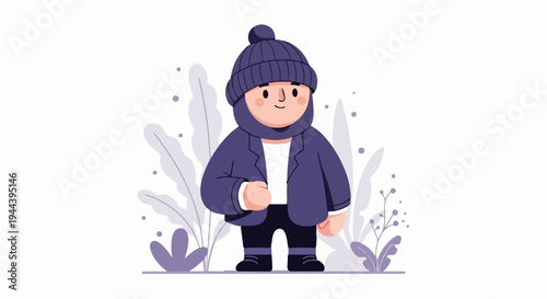 A cozy character in winter attire stands amidst stylized plants and dots