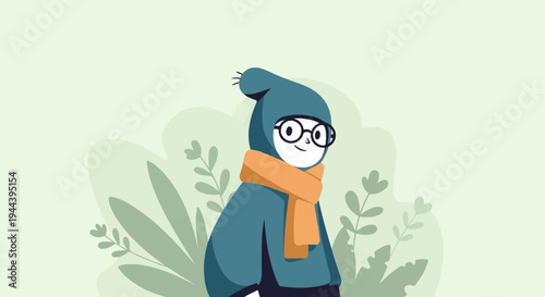 Cute cartoon character in winter attire with glasses and a scarf, amidst nature