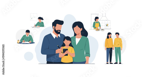 Modern Family Life & Daily Activities Illustration: Parents, Child, Couple, Studying, Cooking, Working from Home, & Home Routine