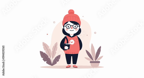 Adorable cartoon girl in coral beanie and hoodie holds a drink