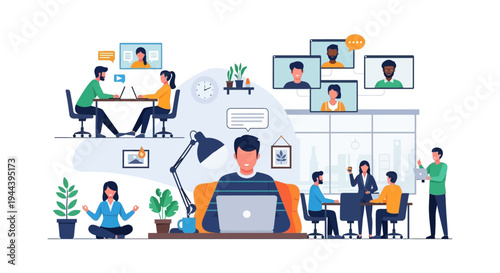Modern Workplace: Remote Work, Hybrid Collaboration, Virtual Meetings, and Work-Life Balance. Digital Communication, Employee Well-being & Future of Work.