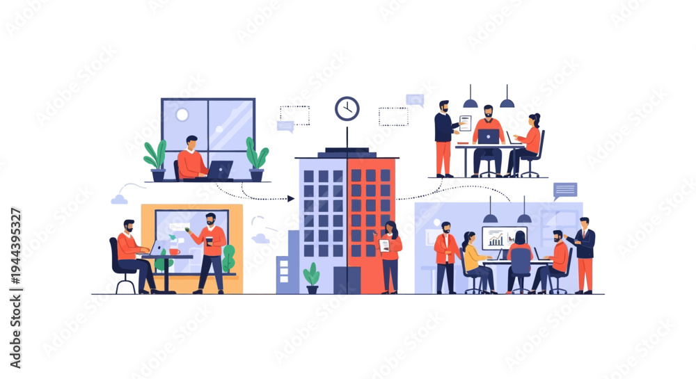 Naklejka premium Modern Hybrid Work Model: Teams Working Remotely and In-Office, Collaborating for Business Productivity and Flexible Operations