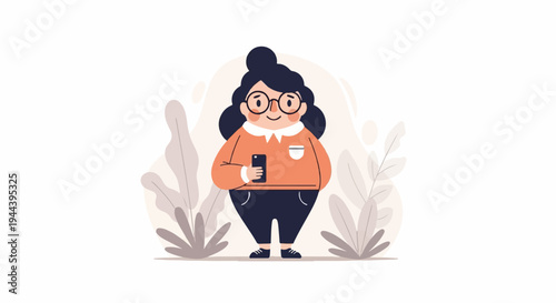 Chubby cartoon person with glasses, dark hair, orange top, dark pants, holding a phone