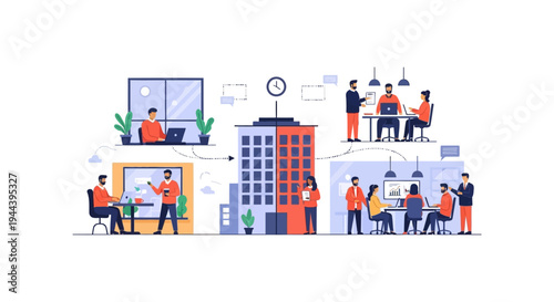 Modern Hybrid Work Model: Teams Working Remotely and In-Office, Collaborating for Business Productivity and Flexible Operations