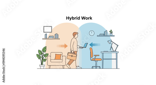 Hybrid Work Concept Illustration: Person Moving Between Home and Office Environments for Flexible Work Arrangement