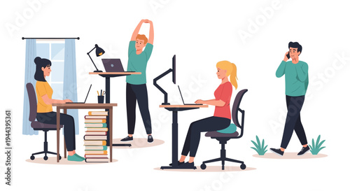 Diverse Work Styles & Ergonomics: People Working Flexibly with Standing Desks, Traditional Desks, and Breaks