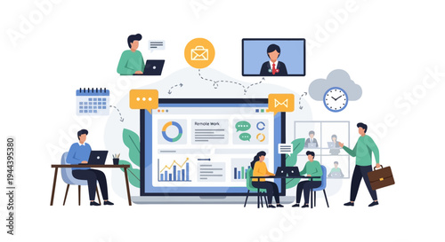 Remote Work and Online Collaboration Concept: Virtual Team Productivity, Digital Business Management, and Communication with Dashboard Interface