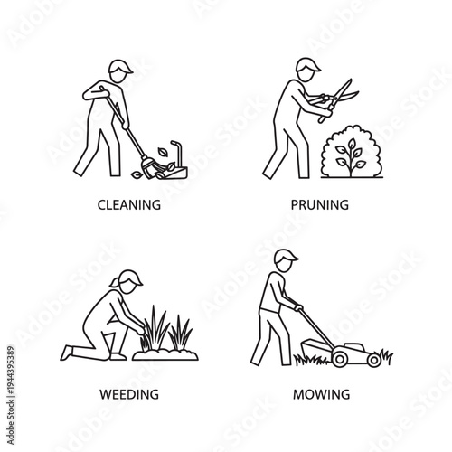 Line art icons illustrating various gardening and yard work activities including cleaning, pruning, weeding, and mowing.