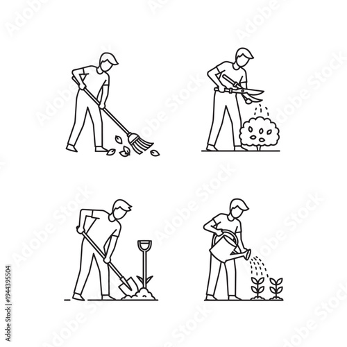 Line art illustrations depicting various gardening activities including raking leaves, pruning bushes, digging soil, and watering plants.