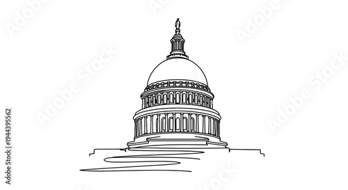 United States Capitol Building Dome, Minimalist Line Art Drawing, White Background
