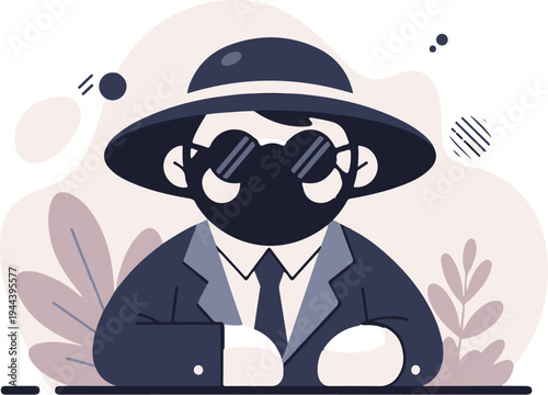 A stylized, flat design illustration of a figure in a hat, sunglasses, and suit, with abstract shapes and plants