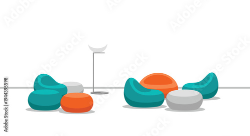 A minimalist lounge area with two sets of teal and orange beanbag chairs and ottomans is arranged around a floor lamp in a white room.